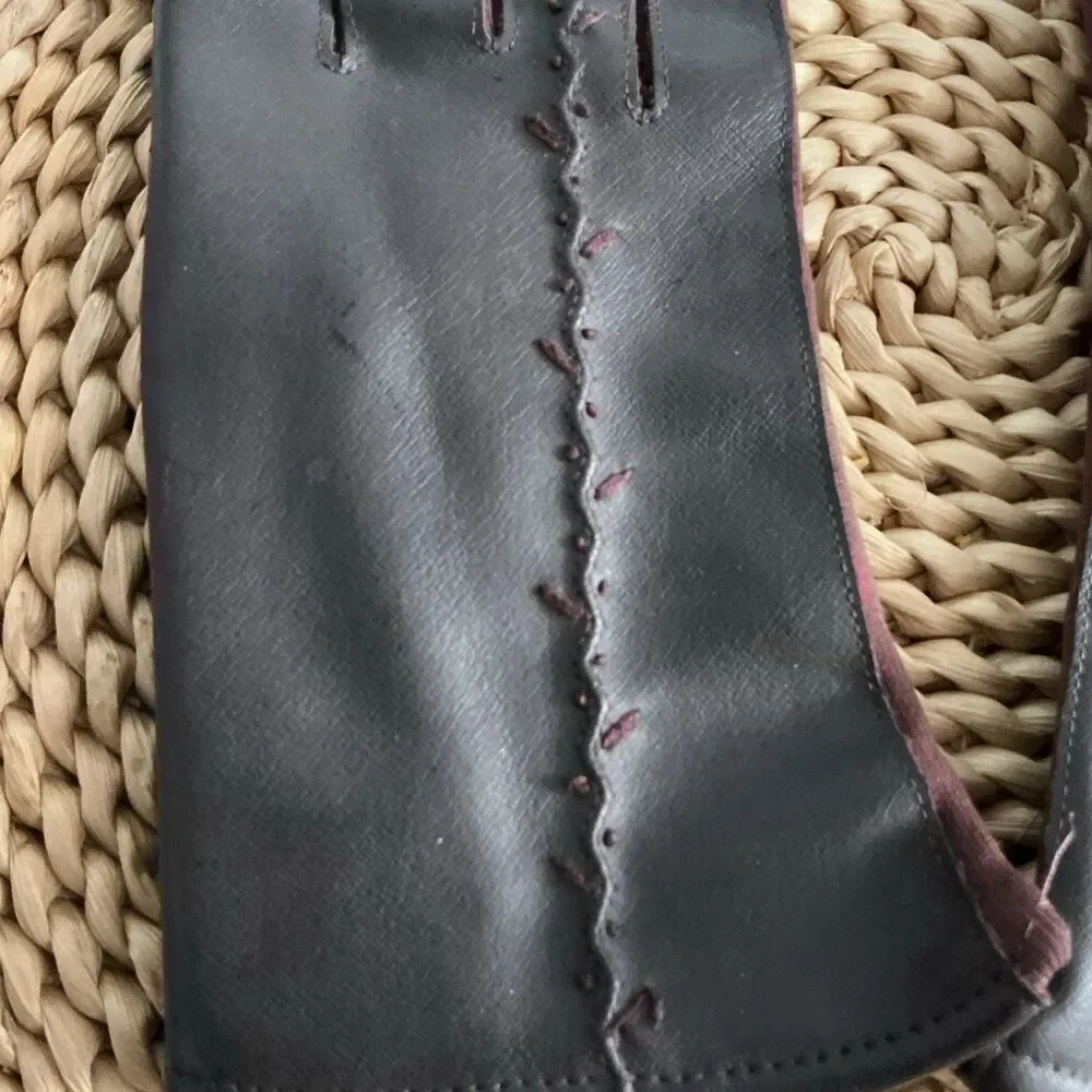 Women’s Black Faux Leather Gloves Burgundy Trim Hand Stitched Size 7